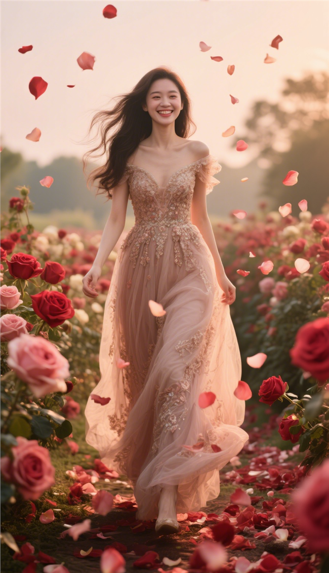 玫瑰花田迎面走来的长发美女图片