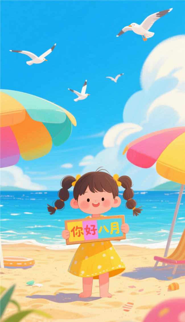你好八月可爱卡通插画图片