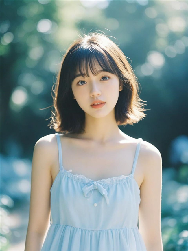 小清新蓝色吊带裙短发美女图片