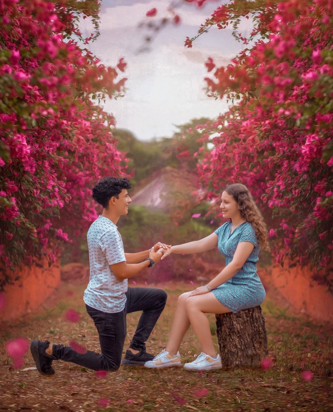 户外单膝下跪求婚情侣图片