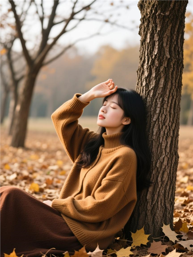 穿着棕色羊毛衣坐在树下的美女图片