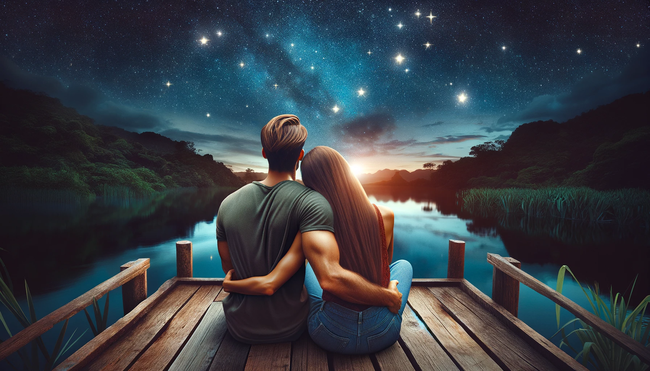 夜晚湖边依偎在一起看星星情侣图片