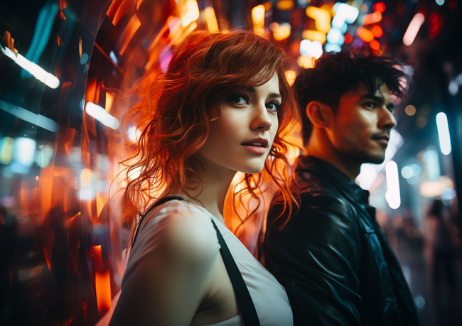 午夜街头霓虹灯情侣写真摄影图片