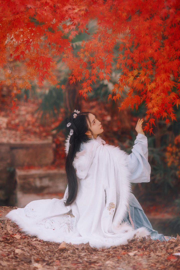 坐在枫叶下的古装美女写真
