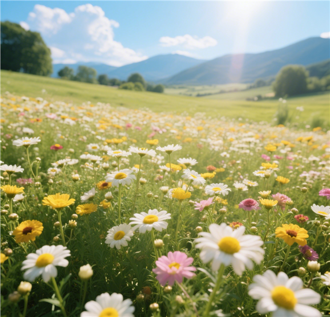 蓝天白云阳光菊花花海摄影图片
