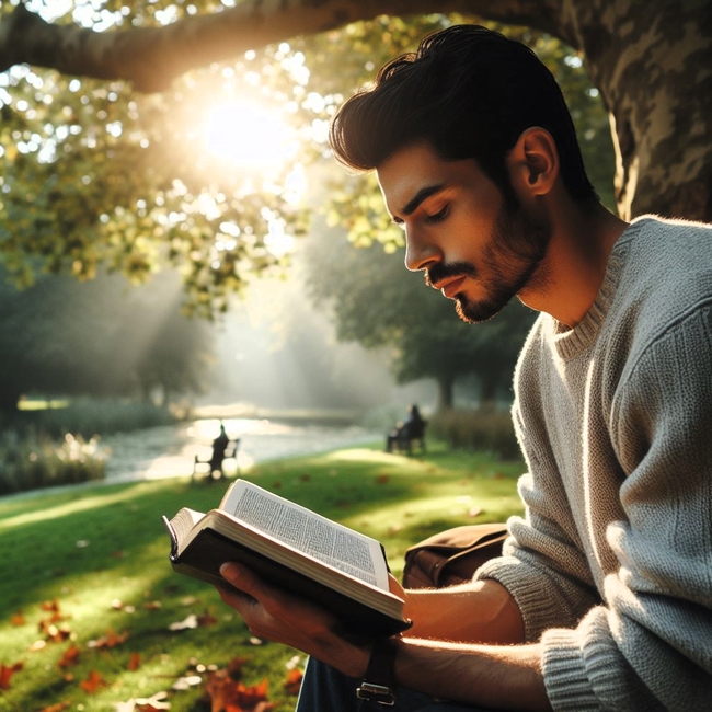 清晨公园草地看圣经帅哥图片