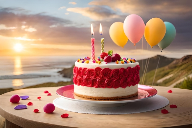 日暮黄昏唯美生日气球蜡烛蛋糕摄影图片