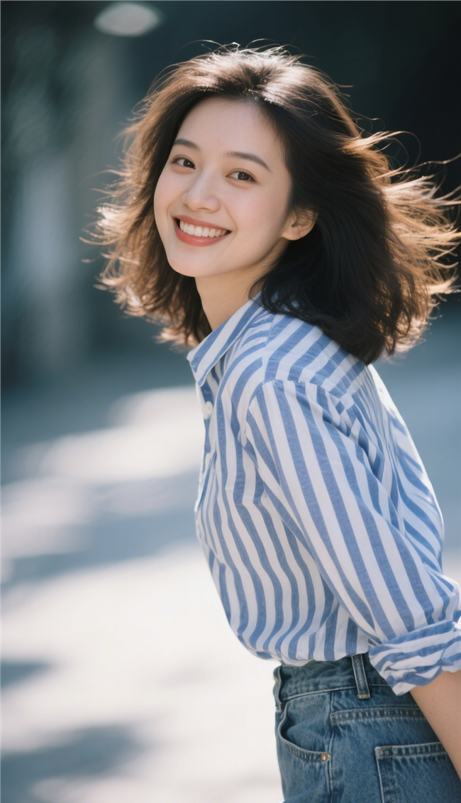 回眸一笑蓝白条纹衫美女图片