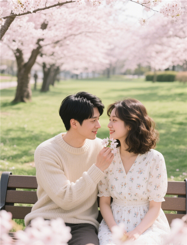 春天公园樱花树下约会的情侣图片