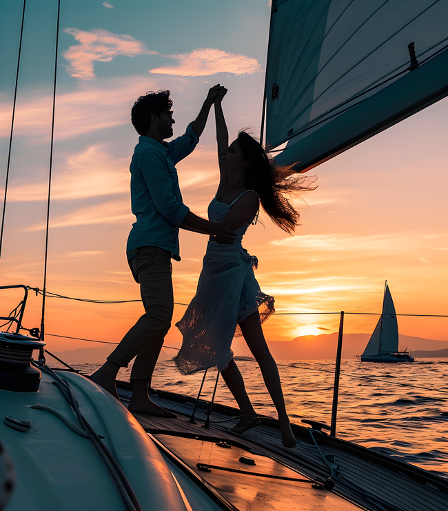 日暮黄昏帆船浪漫情侣剪影图片