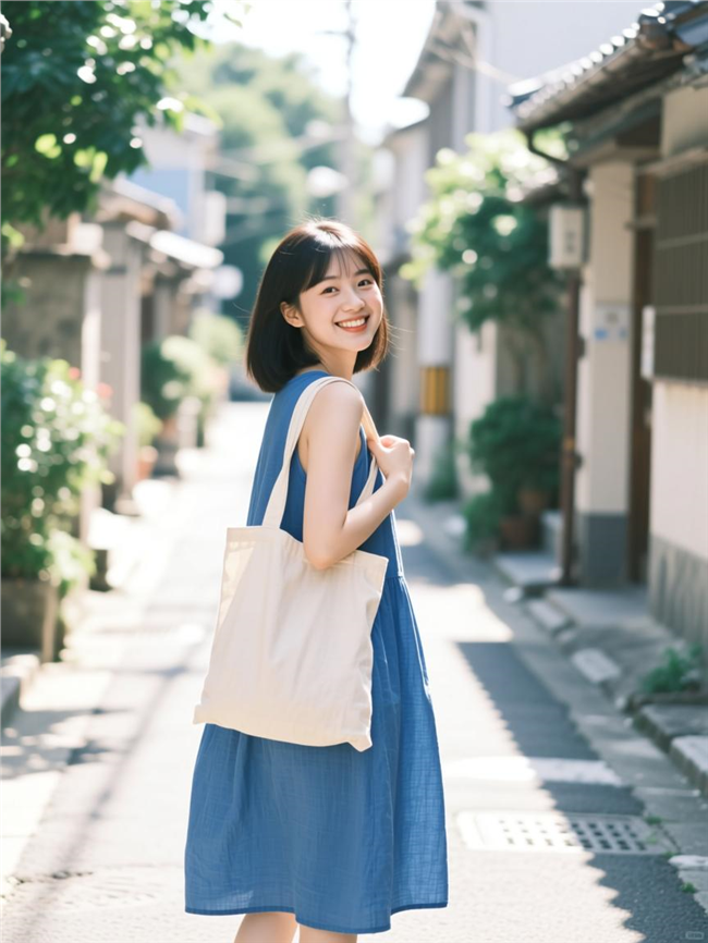 街头背着帆布袋回眸微笑的美女图片