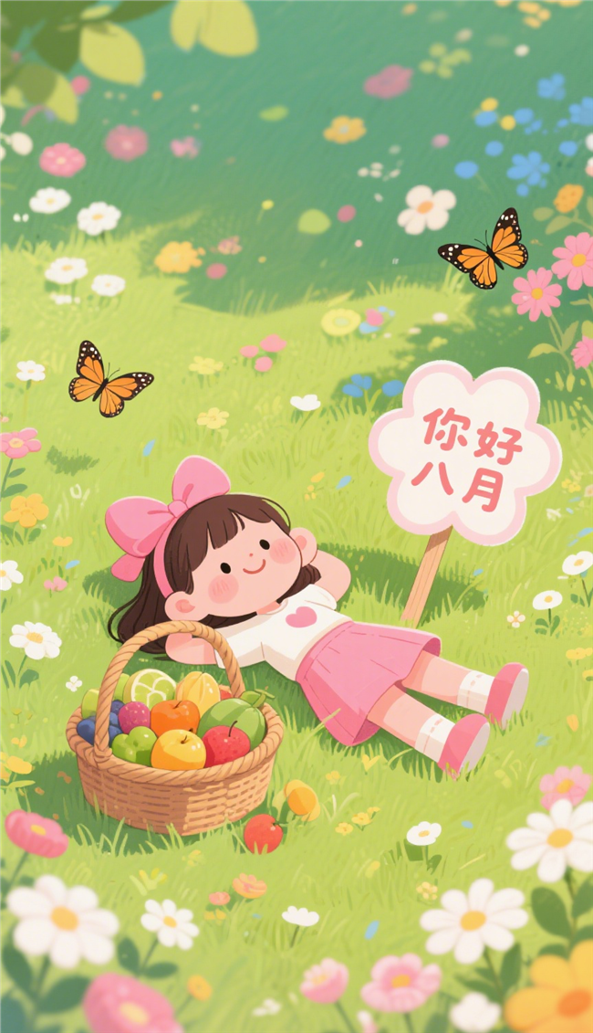 你好八月卡通插画海报设计图片