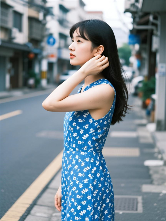 街头蓝色碎花裙侧颜美女写真图片