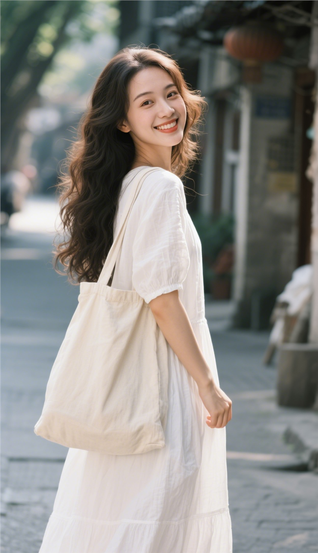 街头街拍白色棉麻长裙美女图片