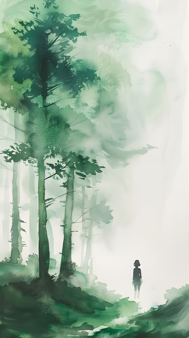 唯美水彩风格意境树林背影绘画作品图片