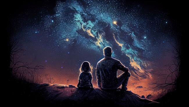 夜晚父女看唯美星空图片