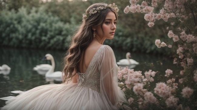 河边性感透视婚纱美女写真摄影图片