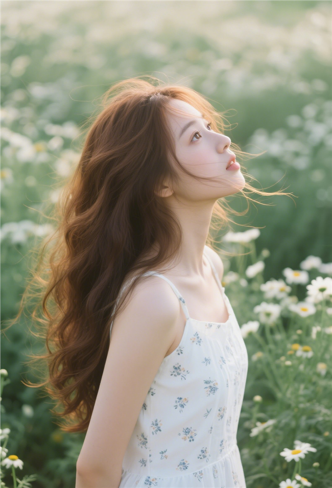 夏日花海碎花吊带裙美女写真图片