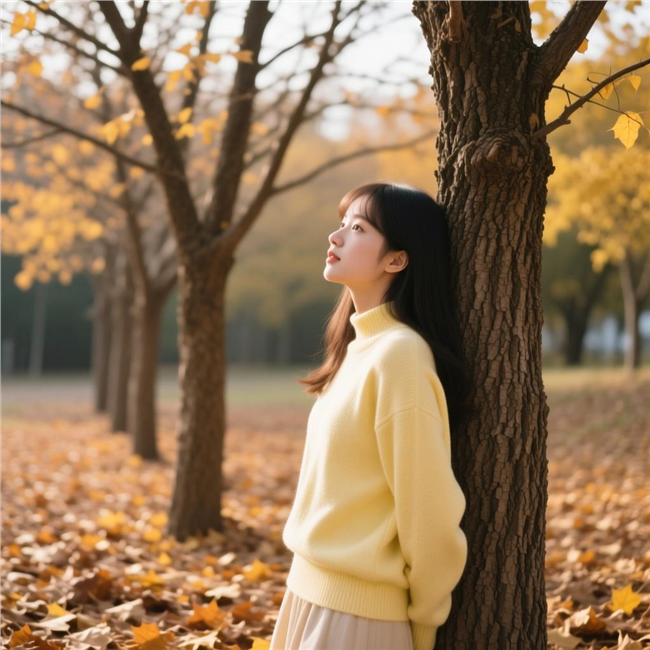 秋天树林黄色羊毛衫美女写真图片