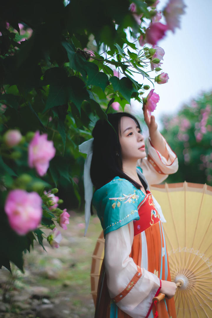 撑着油纸伞的古装汉服美女户外艺术写真图片