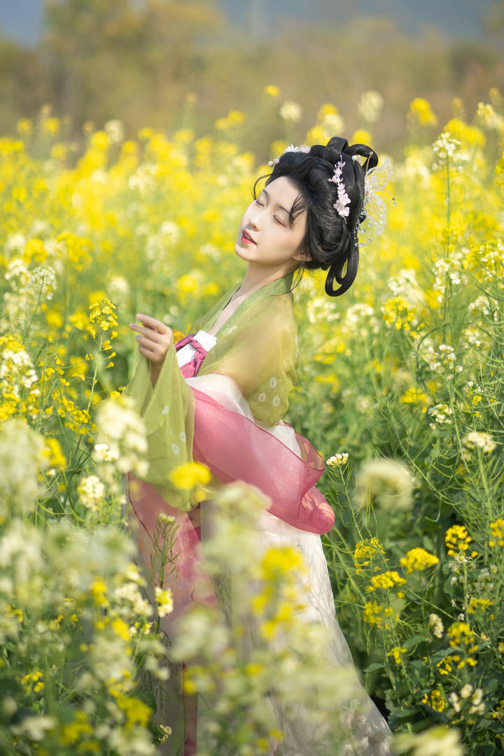 油菜花田里的唯美古装美女古风摄影图片