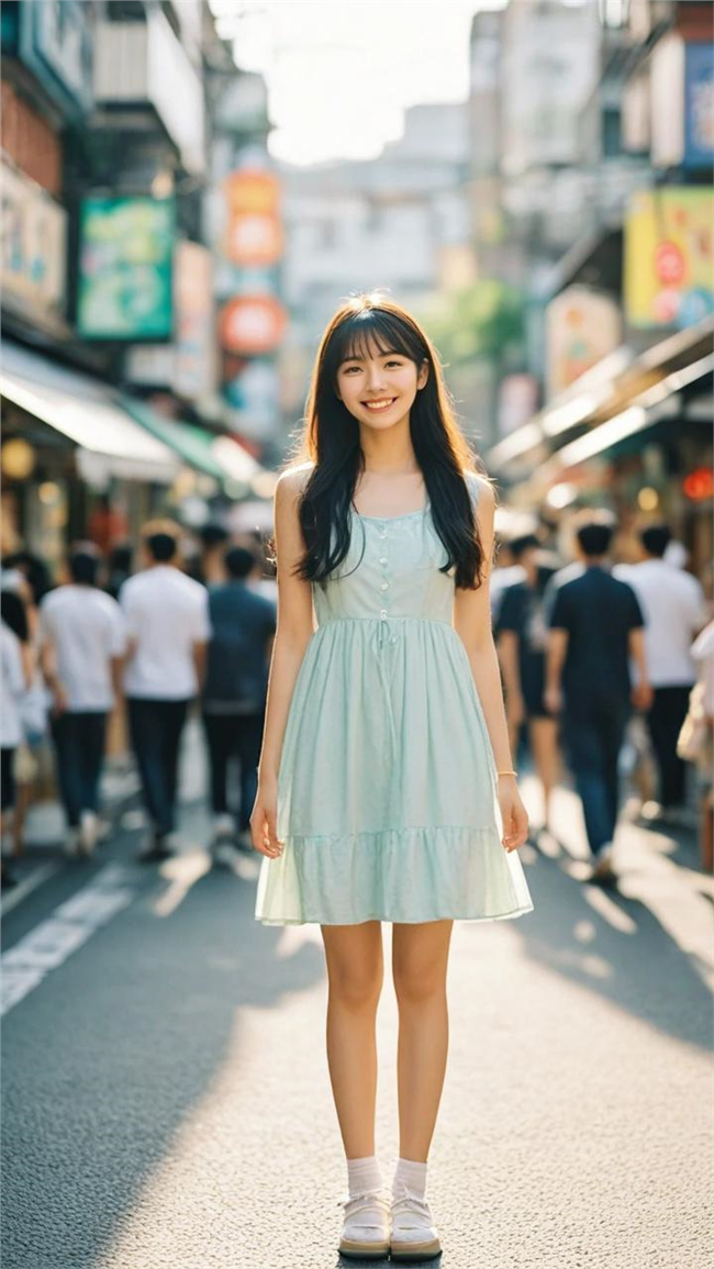 繁华街头街拍蓝色连衣裙少女美女图片