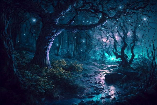 夜晚梦幻森林唯美意境图片