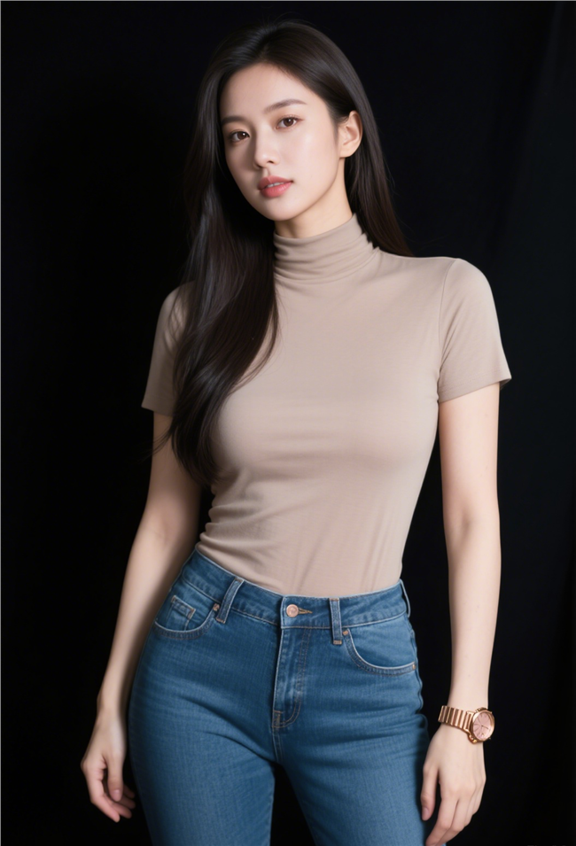 性感高挑牛仔裤紧身上衣美女写真图片