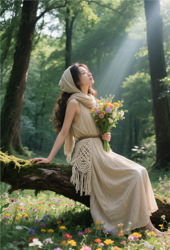 绿色树林一米阳光下的美女图片