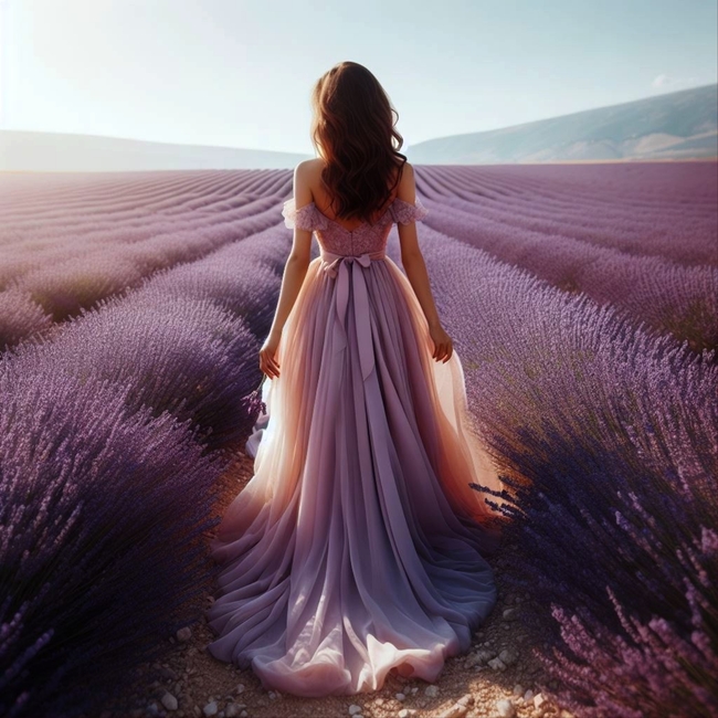 紫色薰衣草花海婚纱美女背影写真图片