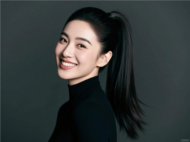 黑色高马尾灿烂笑容美女写真图片