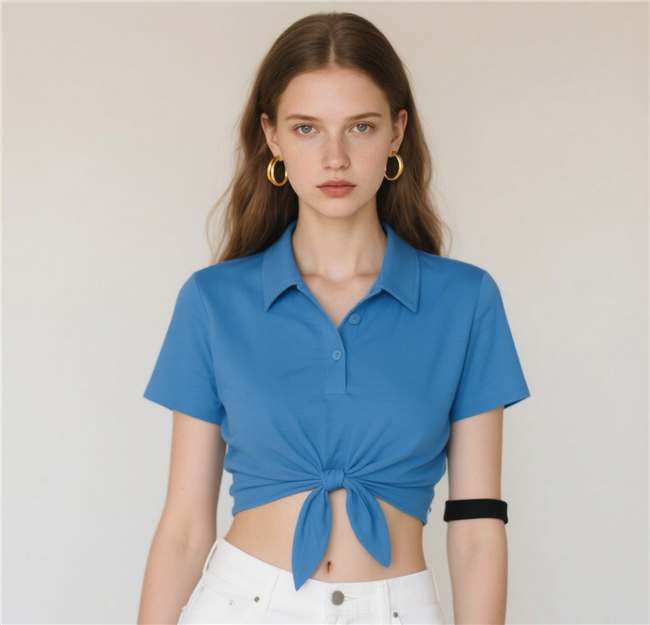 蓝色肚脐装衬衫美女写真摄影图片