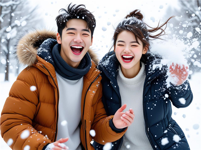 冬季雪花纷飞情侣开怀大笑图片