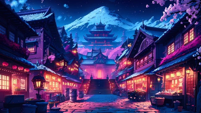 唯美古风建筑夜景卡通插画图片