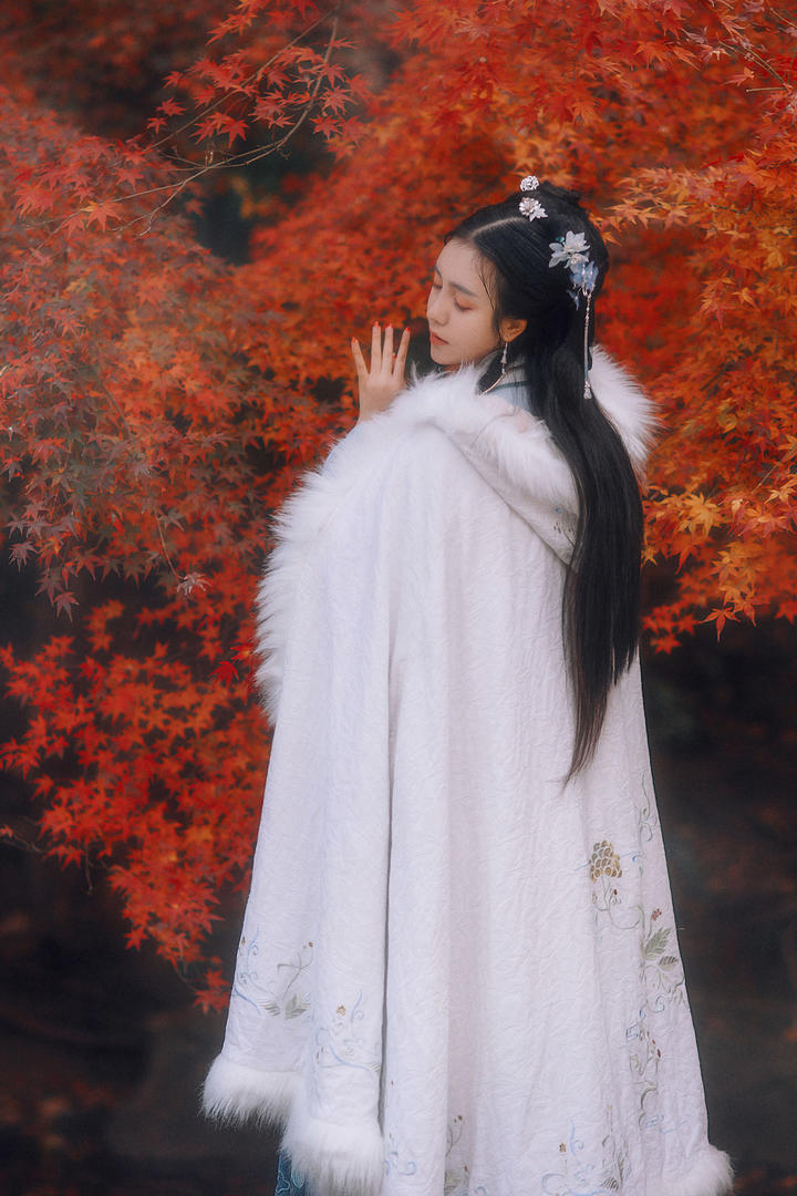 站在枫叶下的高清古装美女图片