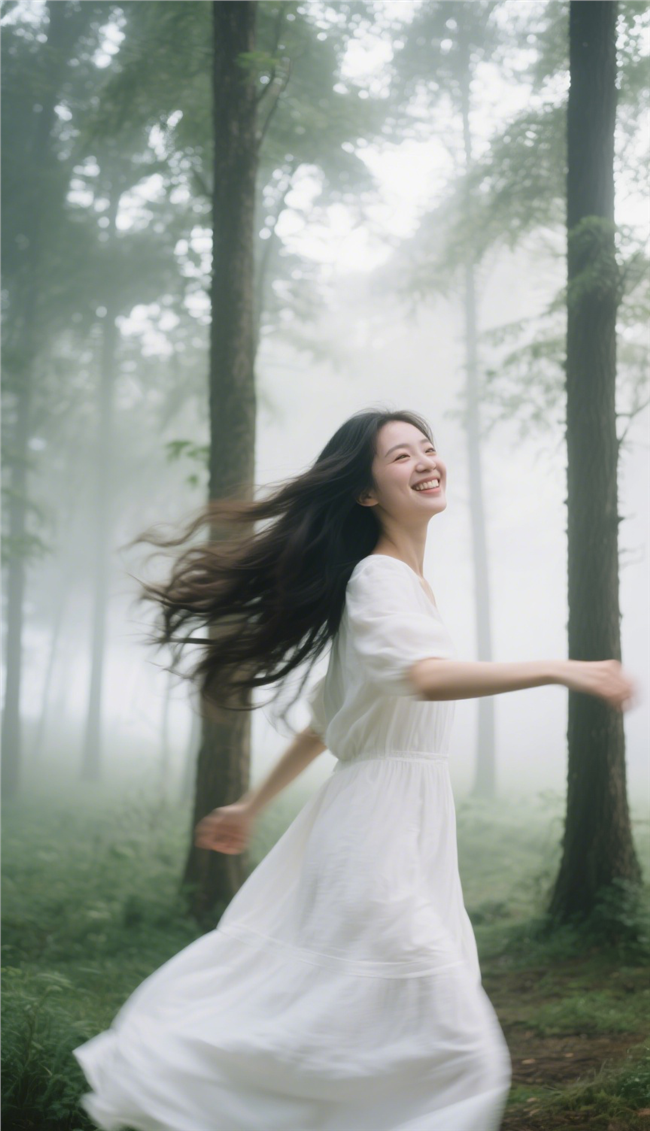 树林雾气朦胧意境少女美女摄影图片