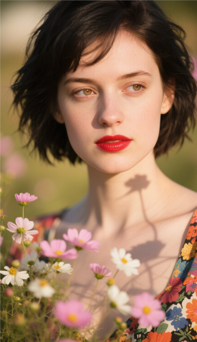 站在小野菊前的欧美红唇美女图片