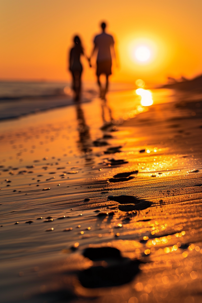 日暮黄昏海边情侣艺术照图片