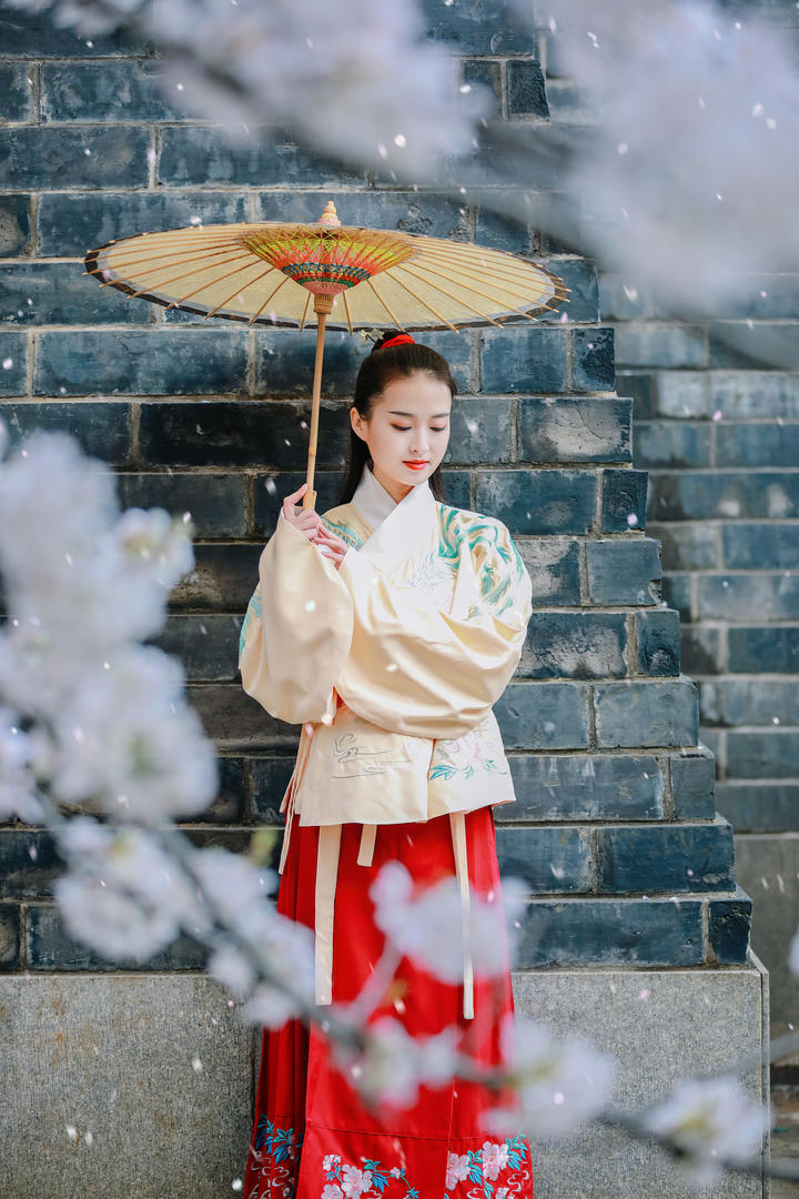 城墙下撑着伞的气质古风汉服美女壁纸图片