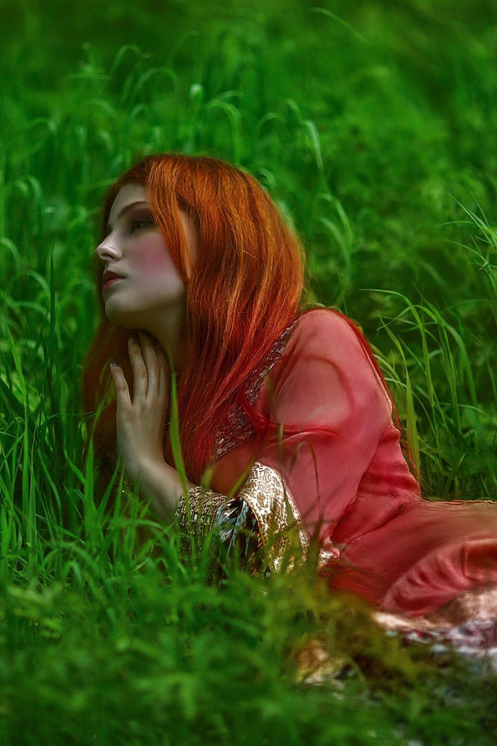 躺在草丛中的欧美美女人像摄影图片