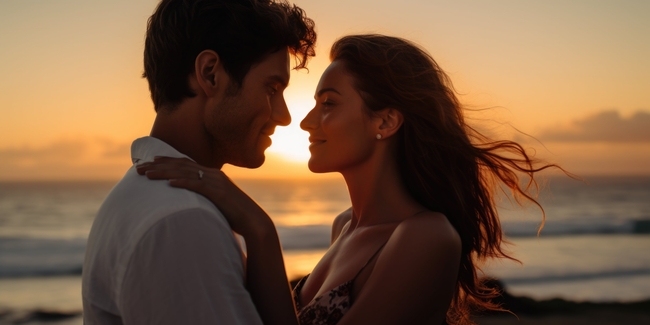 唯美浪漫黄昏海边恋人写真图片