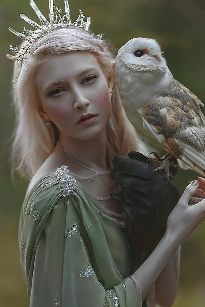 国外美女与猫头鹰艺术人像摄影图片