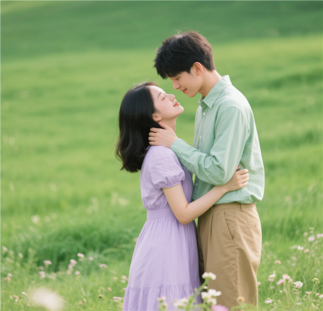 绿色草地深情对望情侣图片