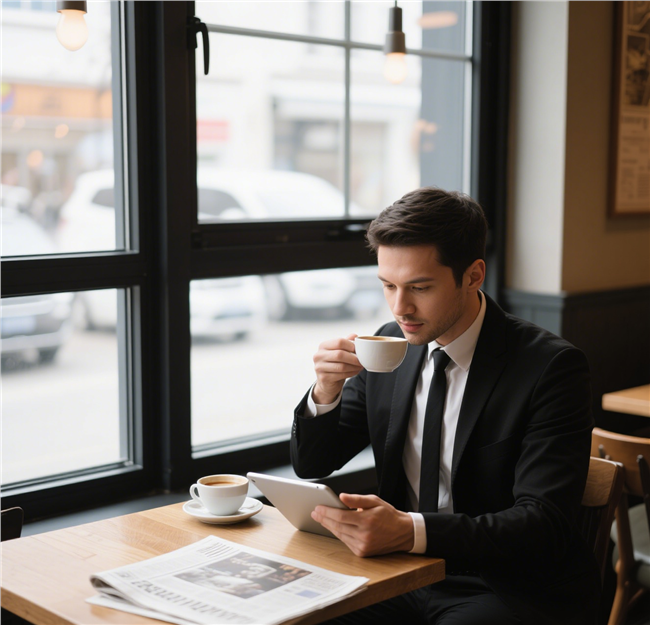 坐在窗边喝咖啡的商务帅哥图片