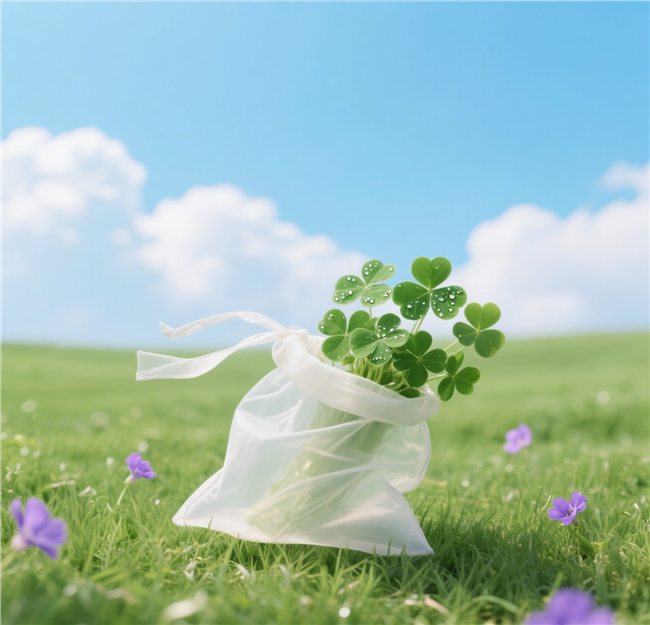 草地白色袋子插满四叶草图片