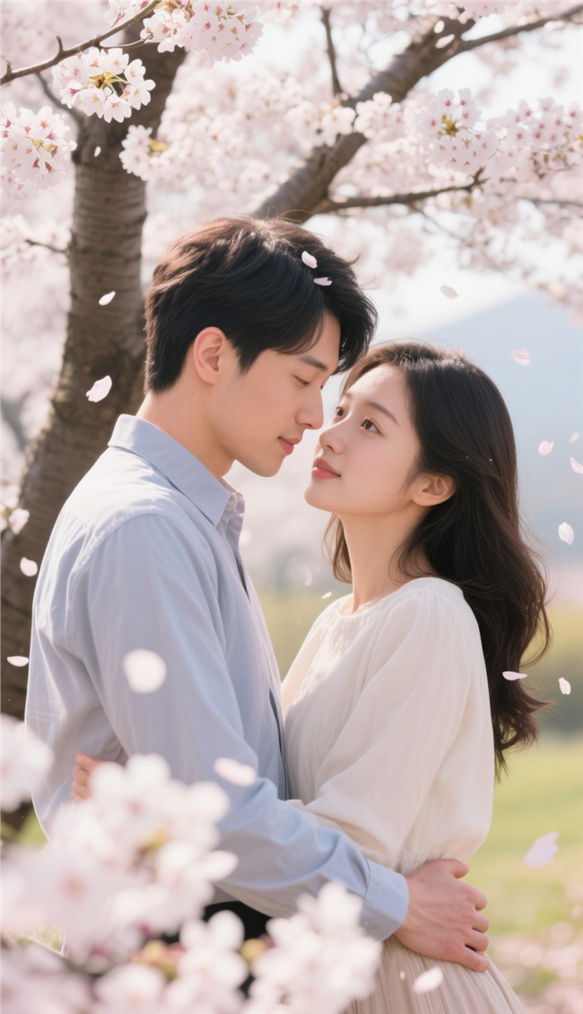 樱花树下浪漫相拥情侣摄影图片