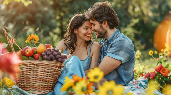 春日户外踏青野餐情侣写真摄影图片