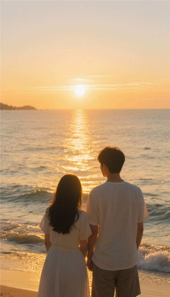 日暮黄昏海边情侣看落日图片