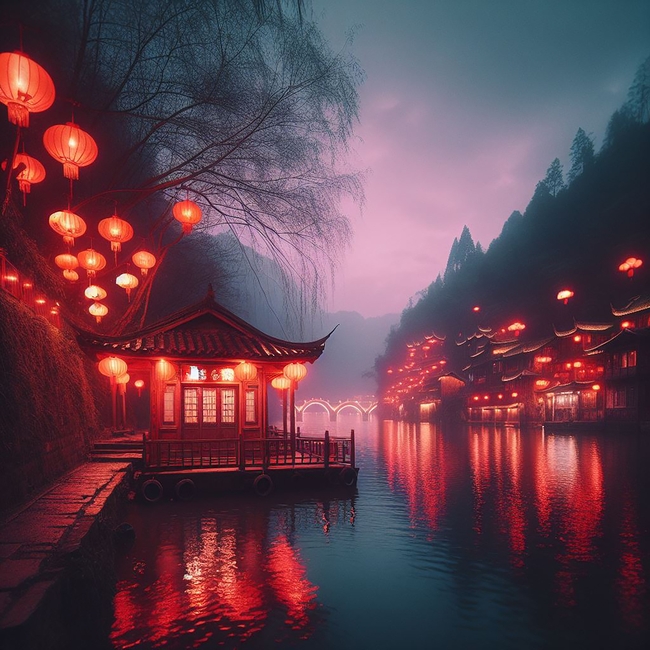 江南水乡新年灯笼夜景摄影图片