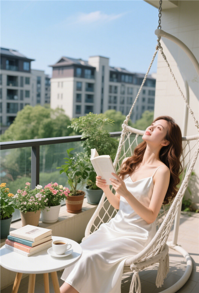 阳台上手持书本的睡衣美女图片